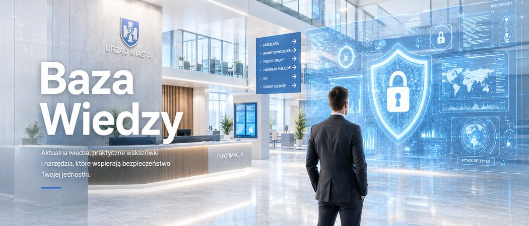 Hol urzędu z punktem informacyjnym, a obok wizualizacja systemu ochrony: tarcza z kłódką, wykresy i alert o wykrytym ataku.